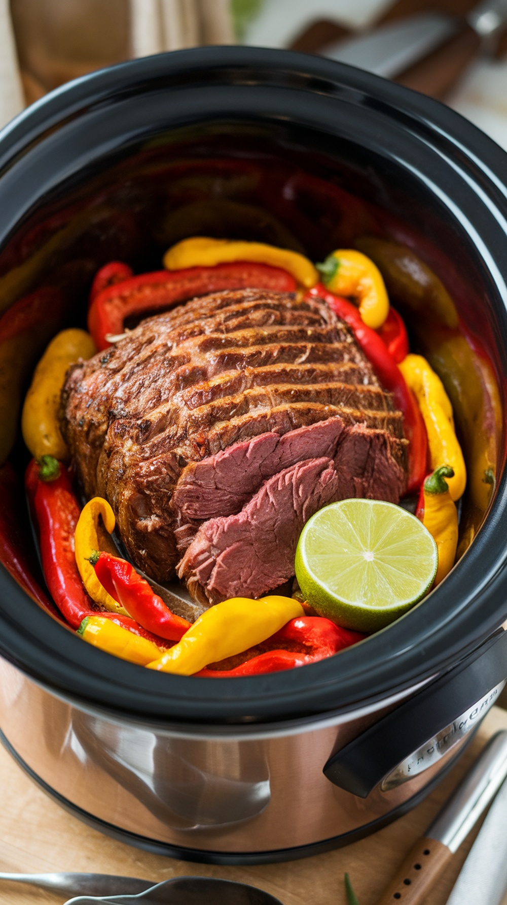 A slow cooker filled with a pot roast surrounded by colorful peppers and a lime.