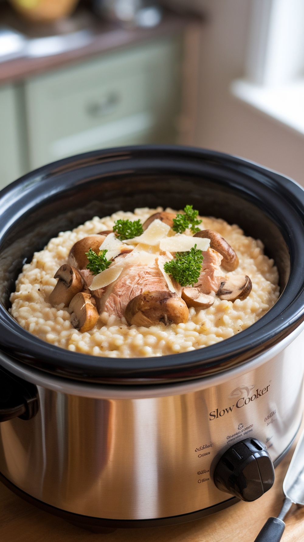 A slow cooker filled with creamy chicken and mushroom risotto, topped with parsley and cheese.
