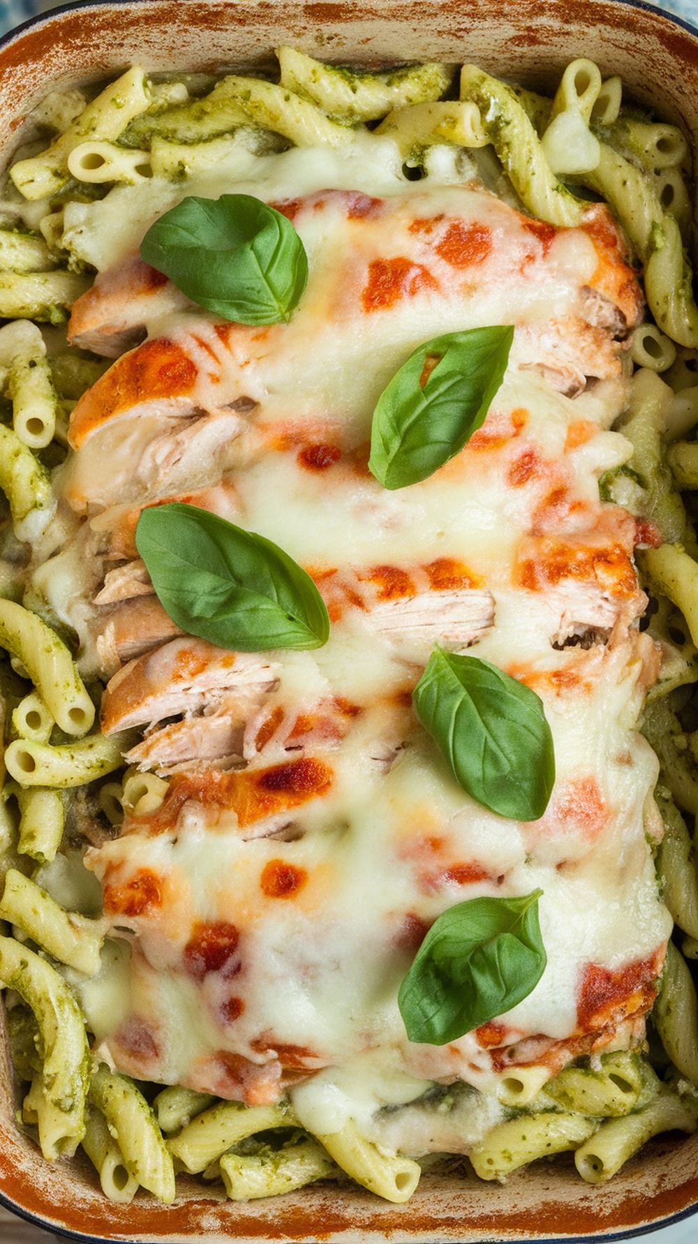 A delicious Pesto Chicken Pasta Bake topped with melted cheese and fresh basil leaves.