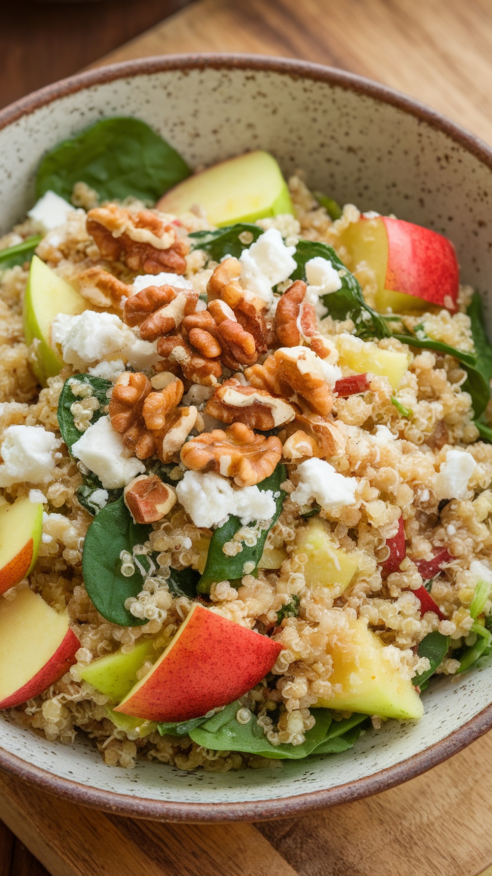A bowl of quinoa salad featuring roasted apples, spinach, walnuts, and feta cheese.
