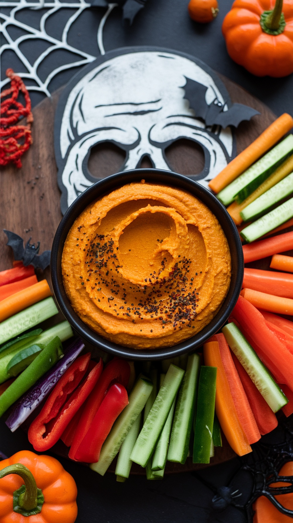 A bowl of spiced pumpkin hummus surrounded by colorful veggie sticks on a spooky themed platter.