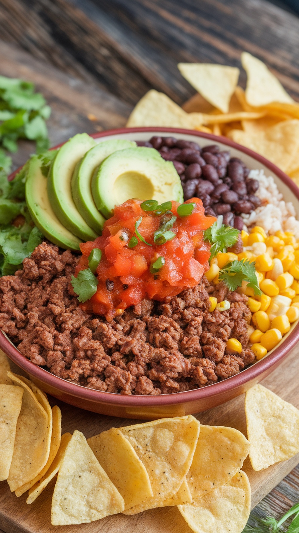 A colorful Beef and Bean Burrito Bowl with ground beef, black beans, corn, avocado, and tortilla chips.