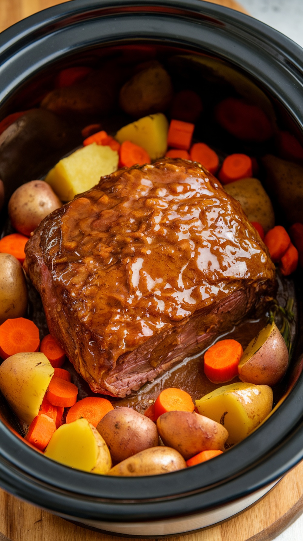 A slow cooker filled with honey mustard glazed pot roast, carrots, and potatoes.