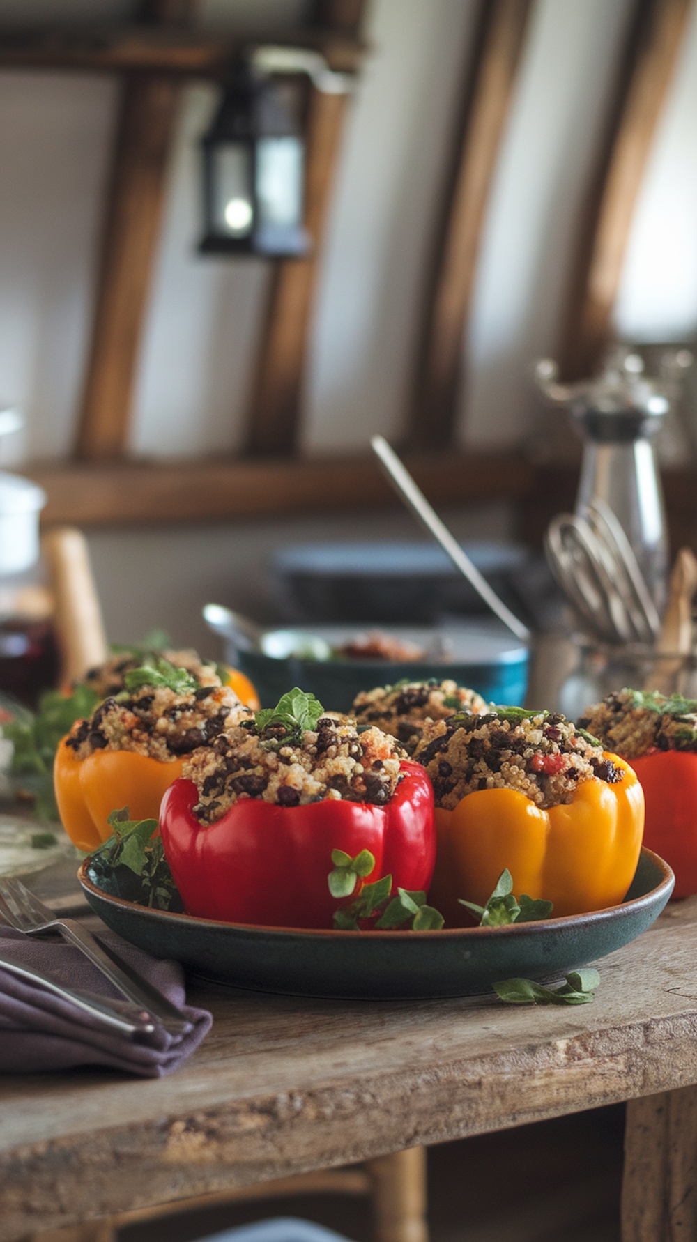 Stuffed bell peppers filled with quinoa and black beans on a wooden table