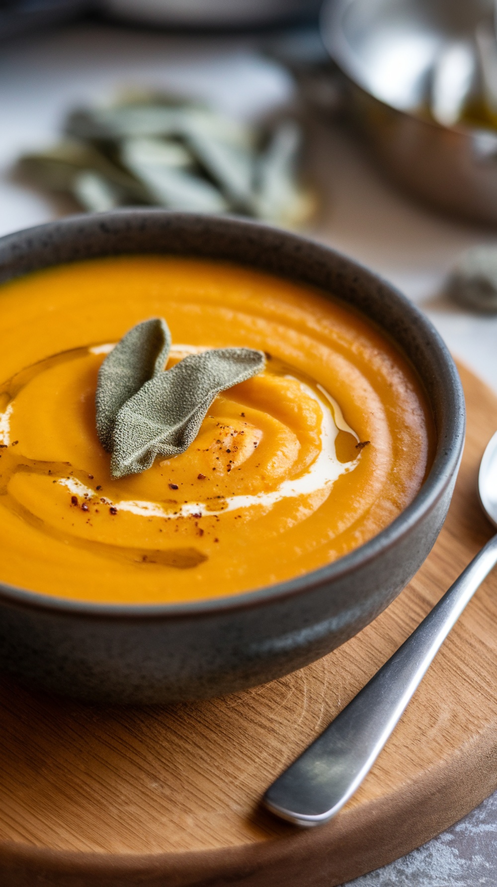 A bowl of creamy butternut squash soup garnished with sage leaves.