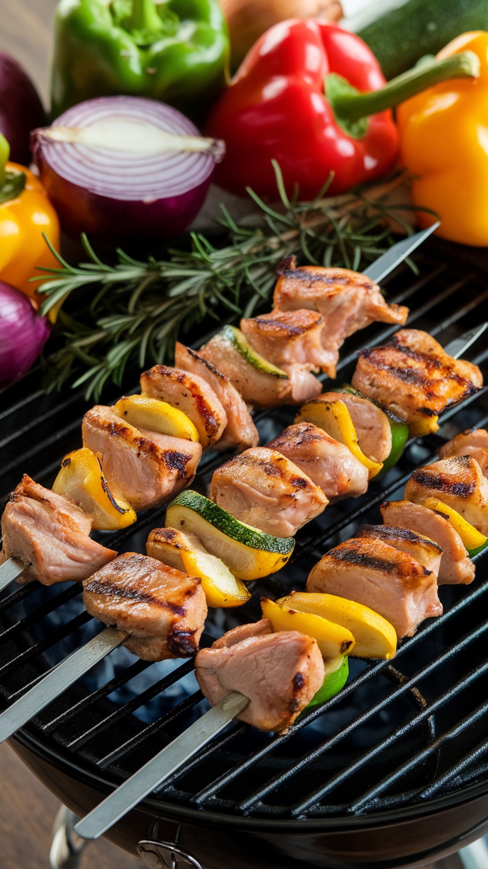 Grilled turkey skewers with colorful vegetables on a grill