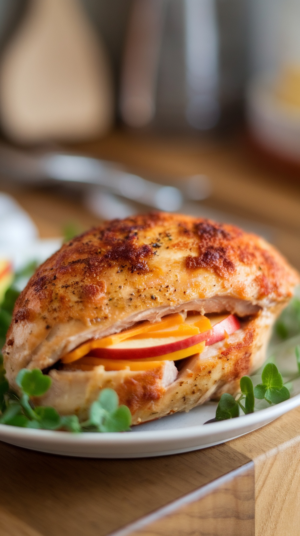 Savory apple and cheddar stuffed chicken on a plate