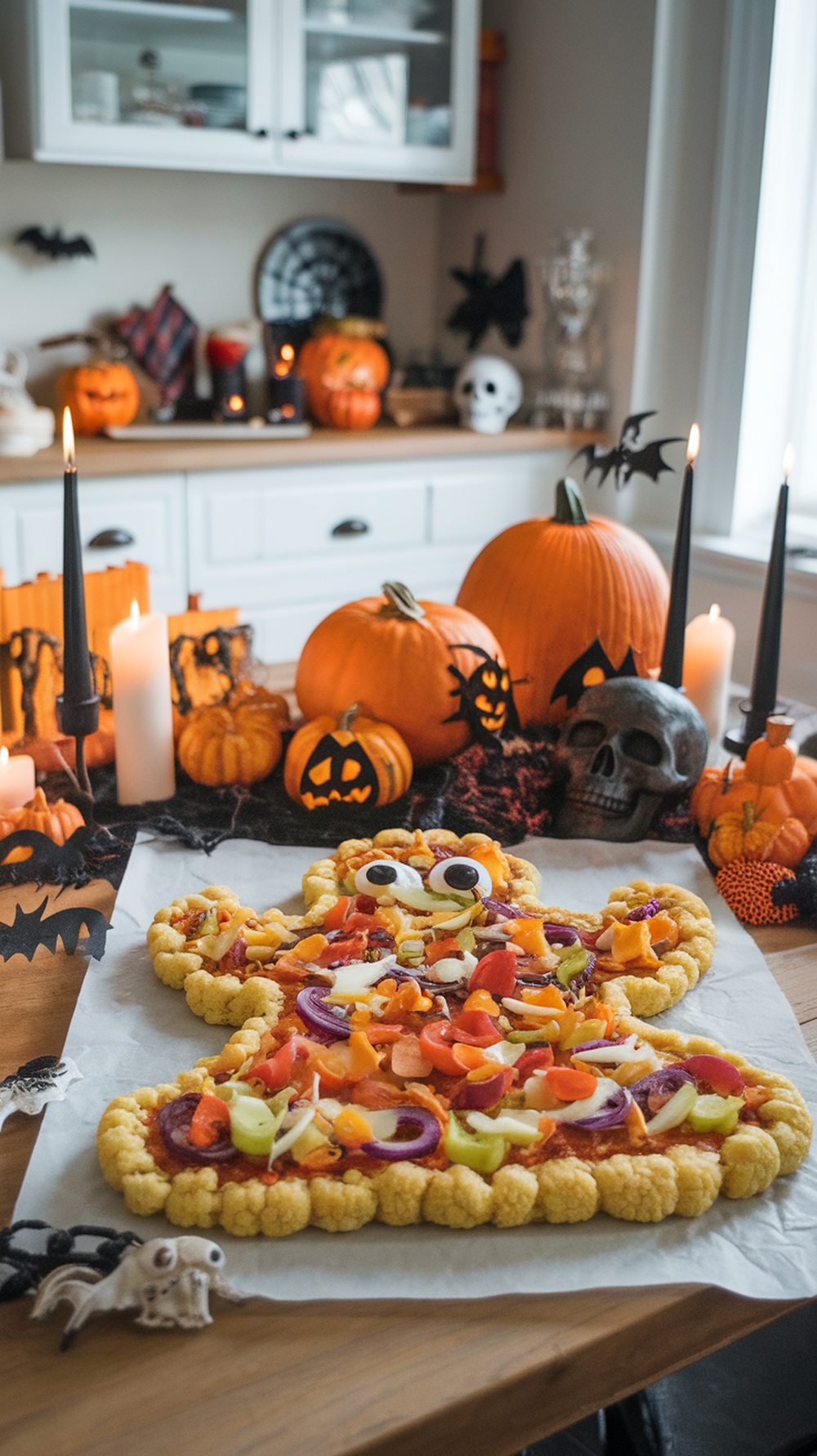 A spooky cauliflower pizza decorated with colorful veggie toppings, surrounded by Halloween decorations.