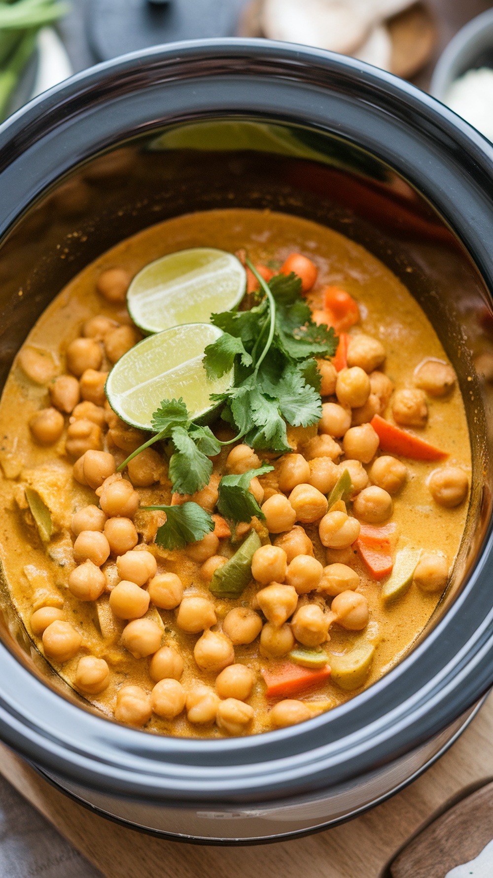 A slow cooker filled with creamy coconut curry chickpeas, garnished with lime and cilantro.