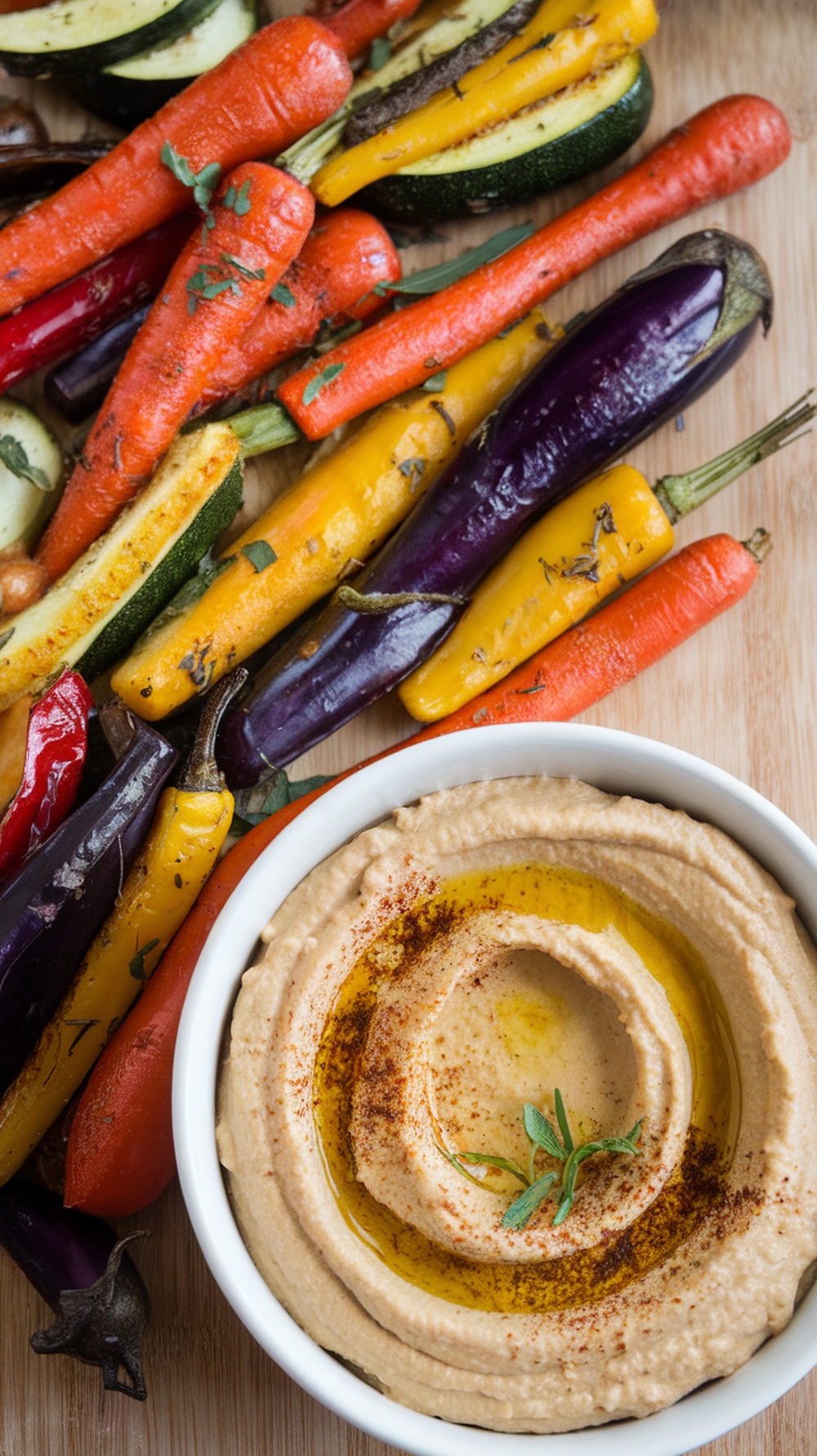 A colorful platter of roasted vegetables and hummus