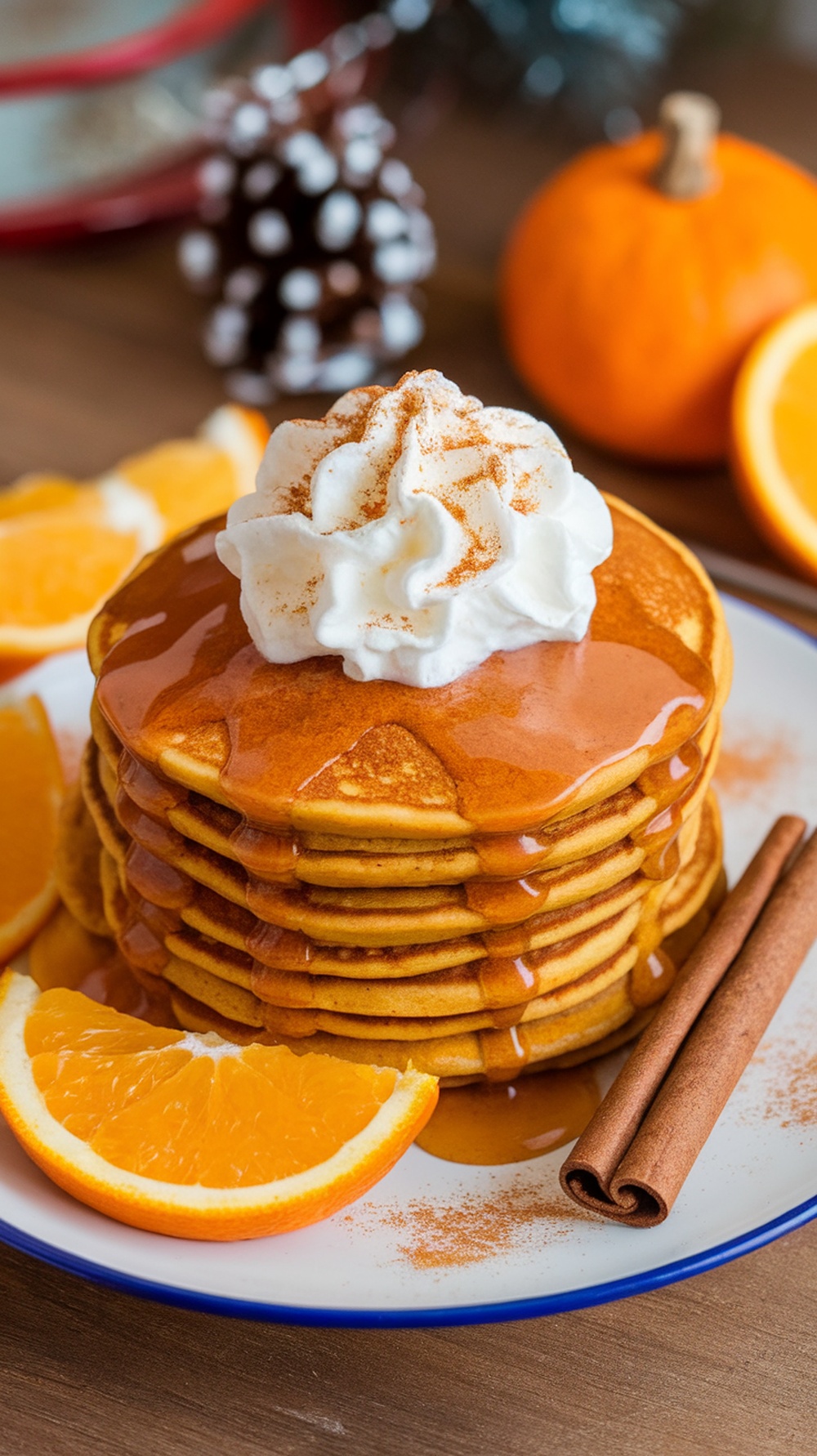 A stack of pumpkin spice protein pancakes topped with whipped cream, syrup, and garnished with orange slices and cinnamon sticks.