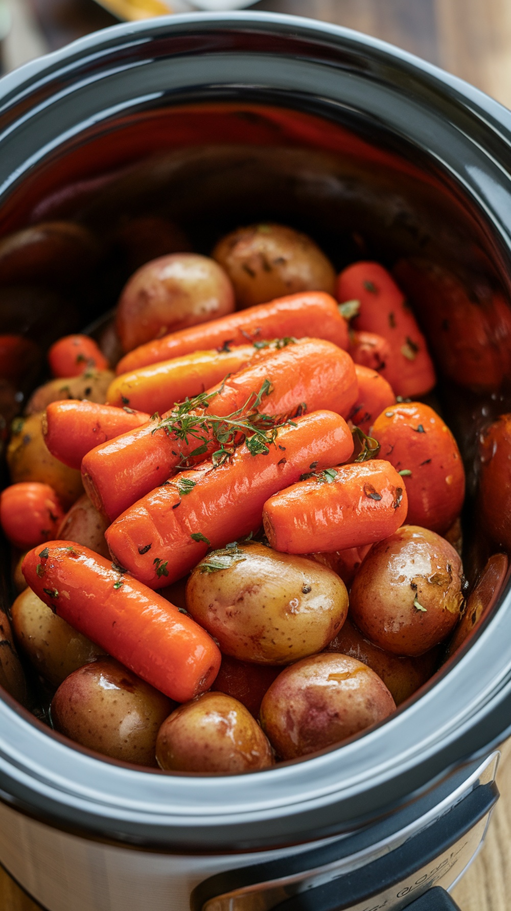 Maple glazed carrots and potatoes in a slow cooker