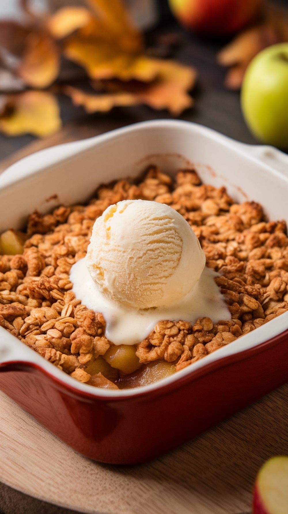 A delicious spiced apple crisp with oat topping served in a red baking dish, topped with a scoop of vanilla ice cream.