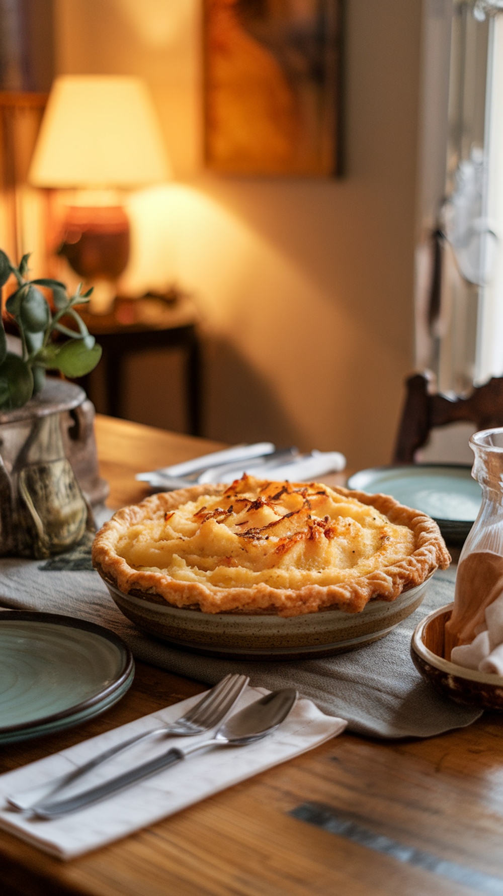 A delicious lentil and vegetable shepherd's pie on a wooden table, ready to be served.