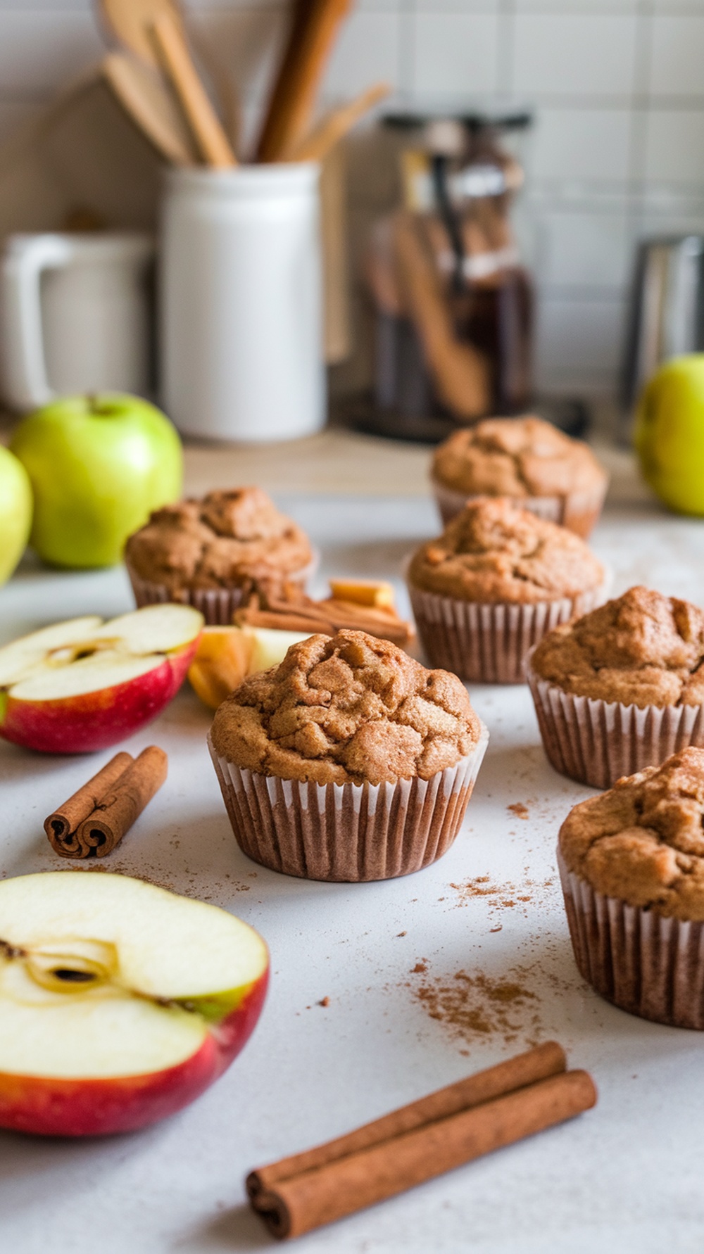 Freshly baked cinnamon apple protein muffins with apple slices and cinnamon sticks