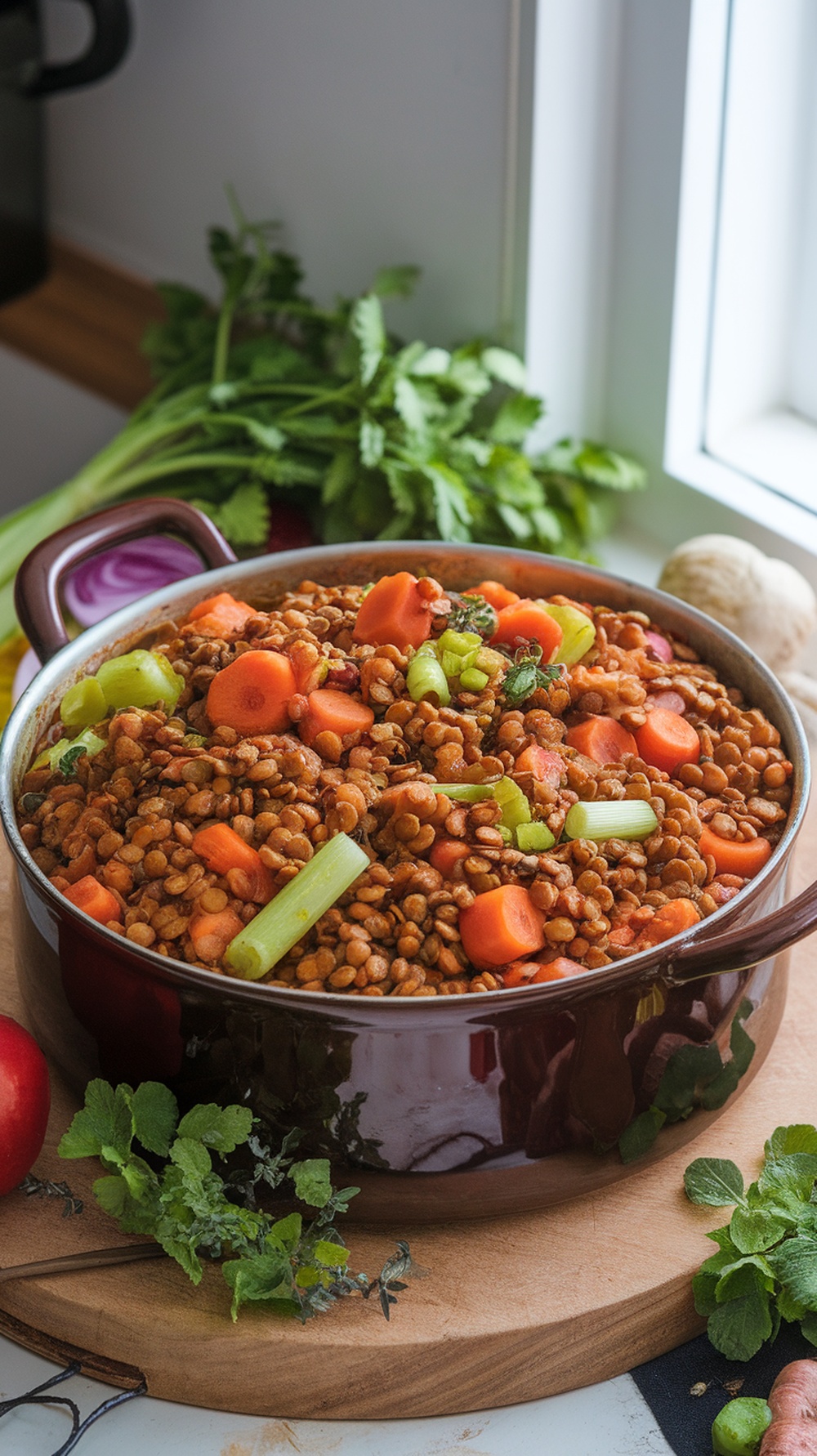 A hearty lentil and vegetable stew in a pot, surrounded by fresh herbs and vegetables.