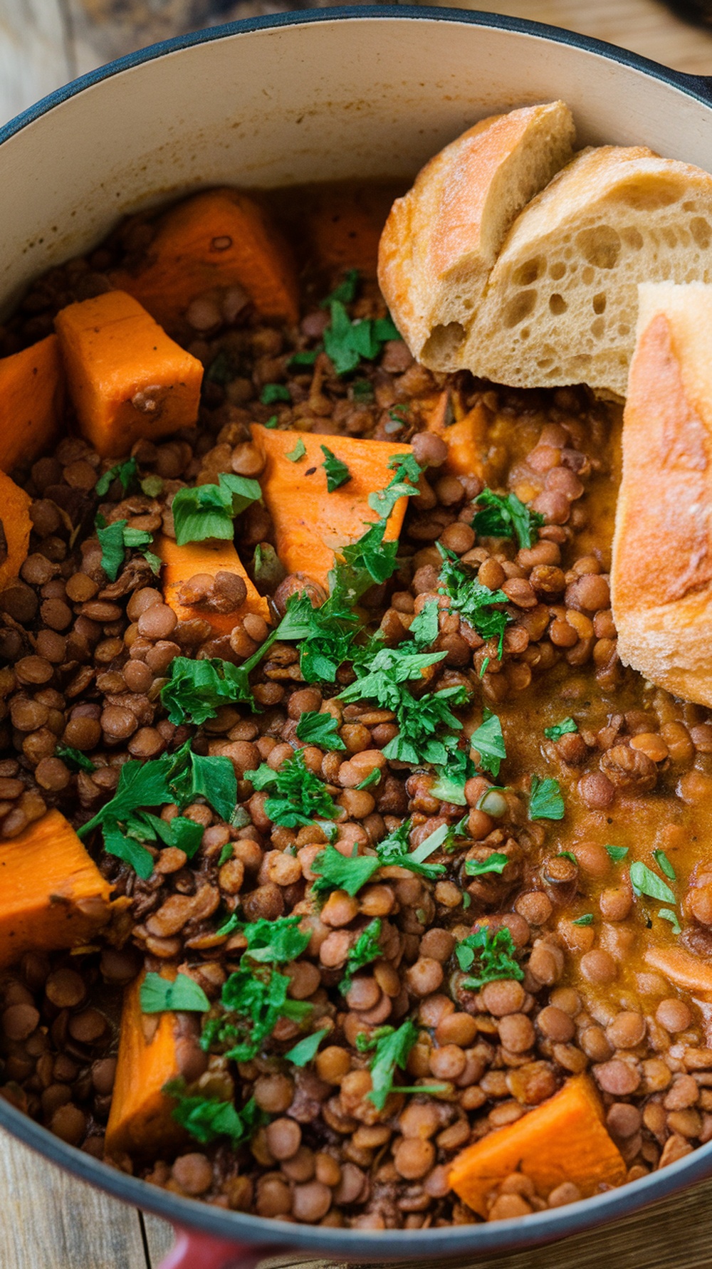 A hearty lentil and sweet potato stew in a pot, garnished with fresh parsley and served with bread.