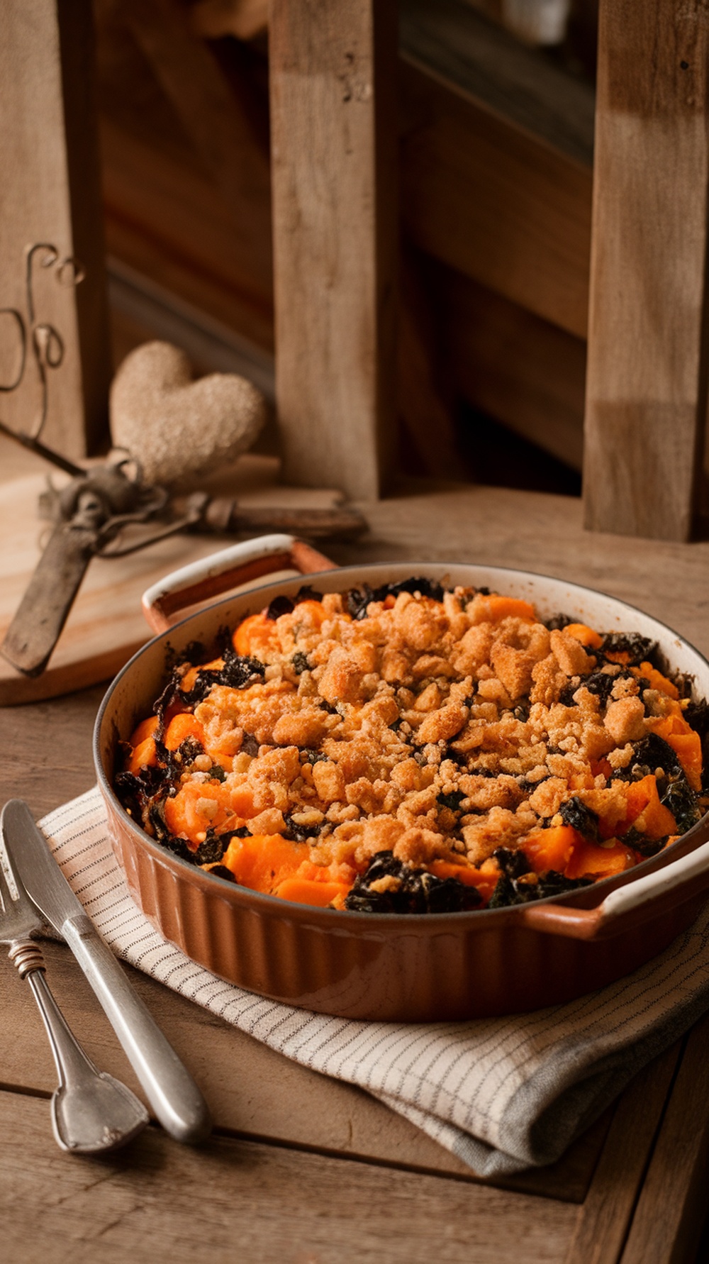 A delicious sweet potato and kale casserole topped with a crunchy breadcrumb mixture.