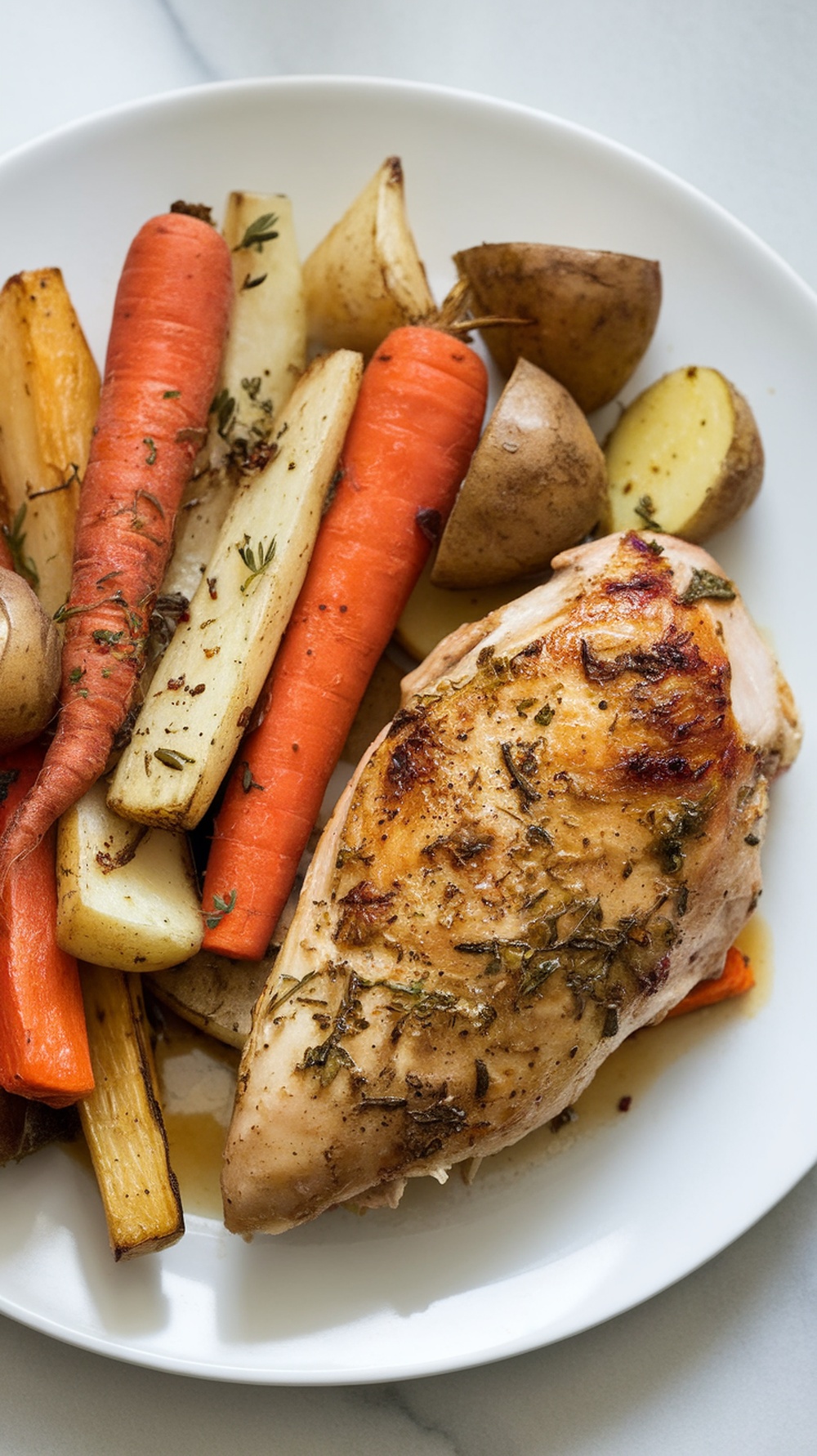 Herbed chicken with roasted root vegetables including carrots, parsnips, and sweet potatoes.