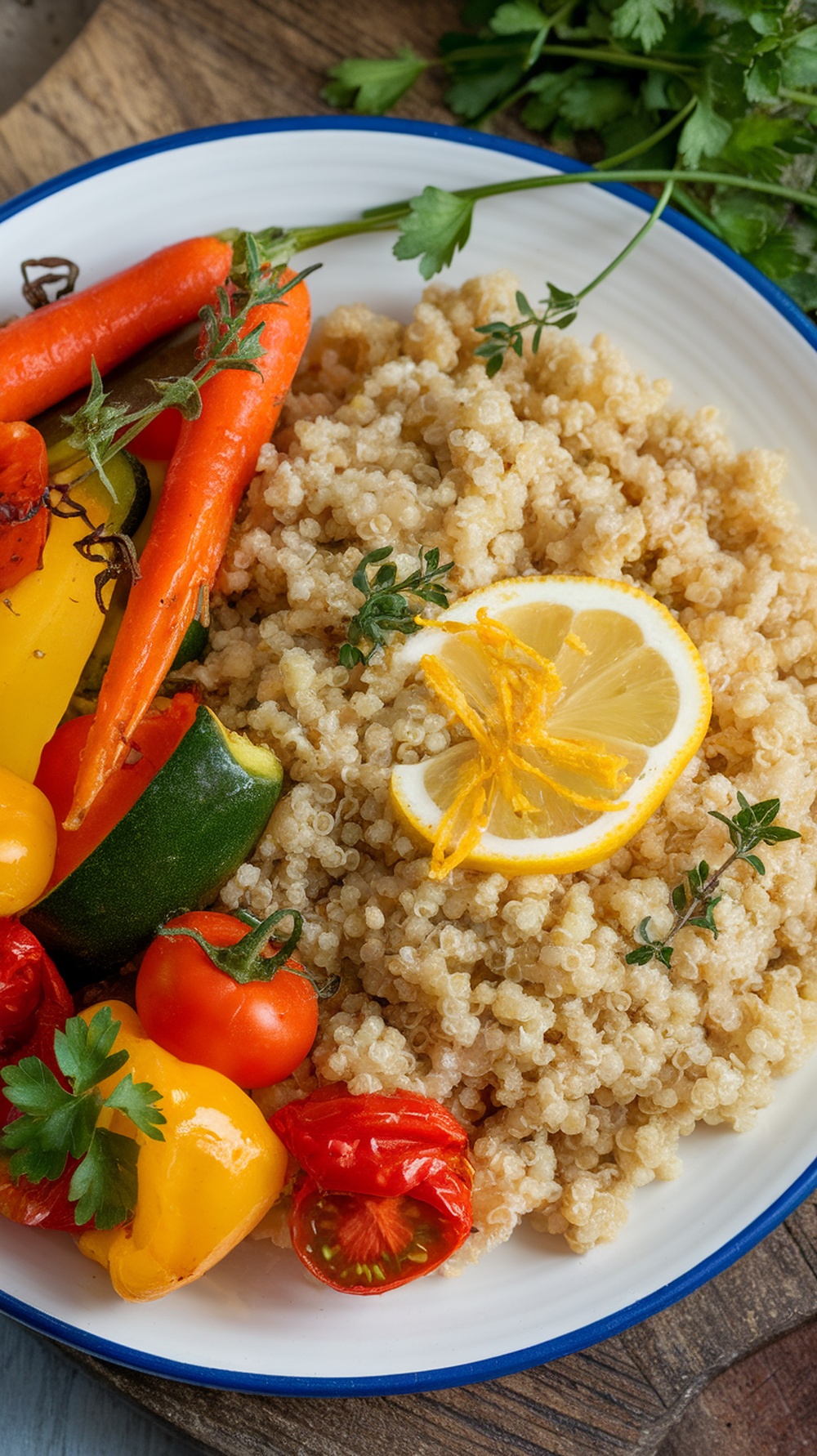 A plate of lemon garlic quinoa served with colorful roasted vegetables.