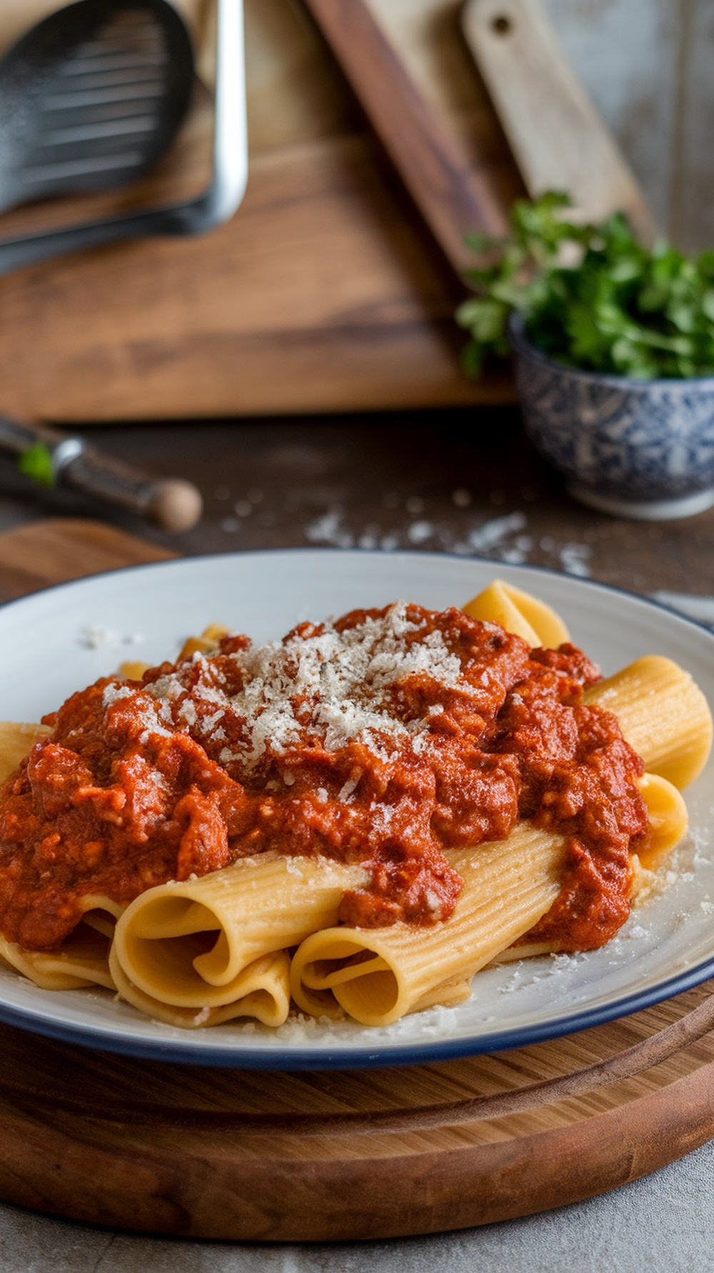 A plate of pappardelle pasta topped with beef ragu and grated cheese.