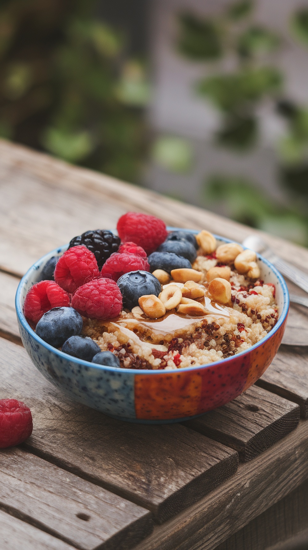A colorful quinoa breakfast bowl topped with fresh berries and nuts.