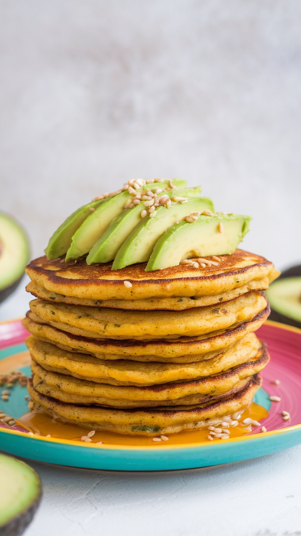 A stack of chickpea flour pancakes topped with sliced avocado and sesame seeds.