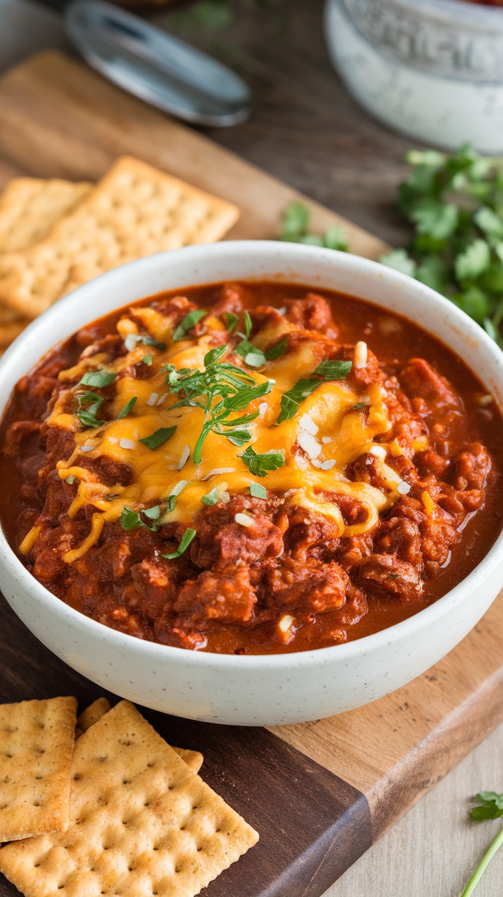 A bowl of sweet and spicy brisket chili topped with cheese and herbs, served with crackers.