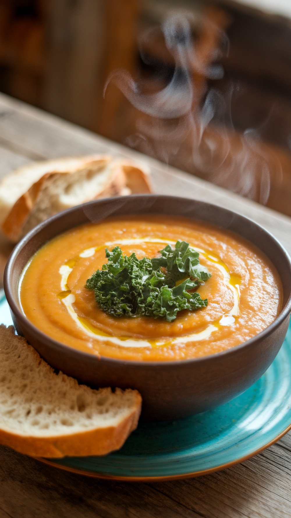 A warm bowl of butternut squash and kale soup garnished with kale and served with bread.