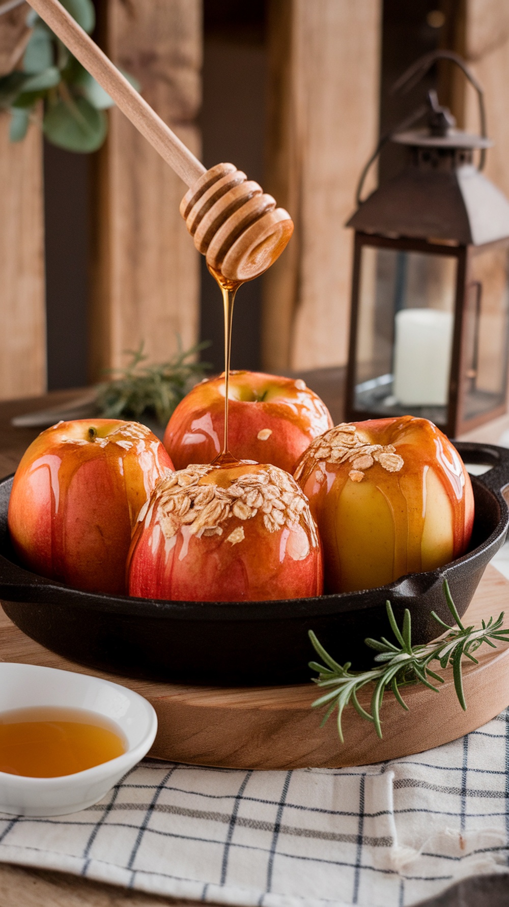 Baked apples topped with oats and honey in a cast iron skillet
