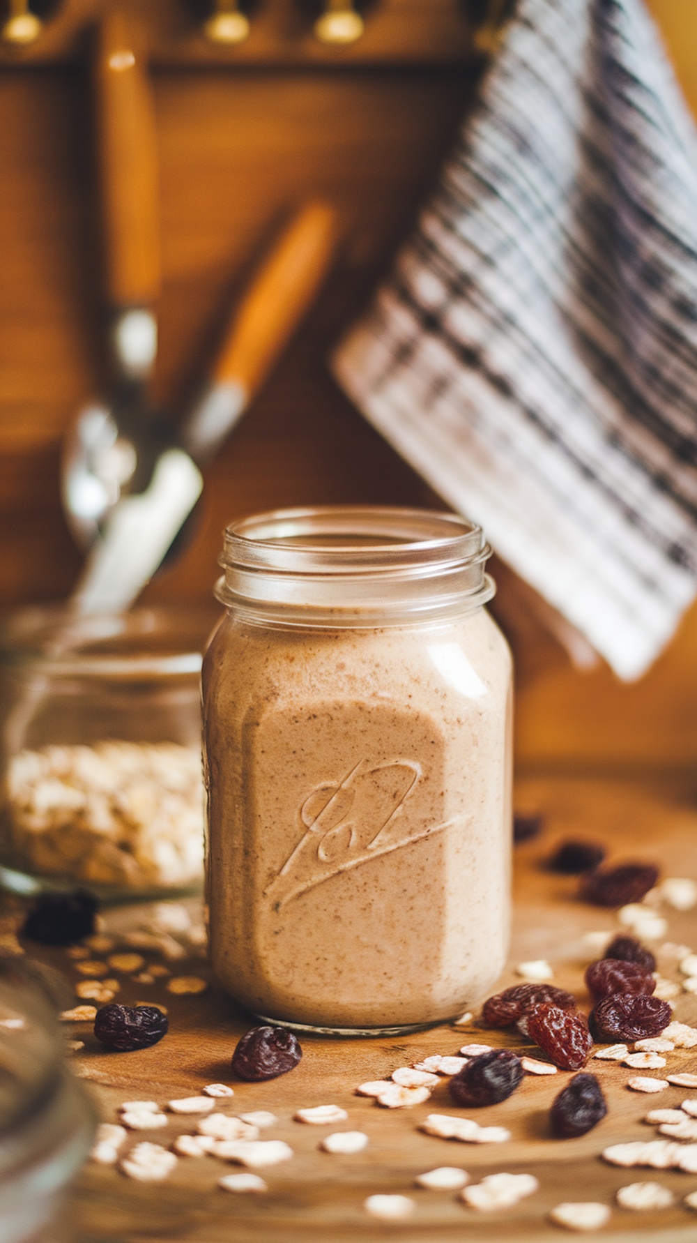 A jar of oatmeal raisin cookie protein smoothie surrounded by oats and raisins.