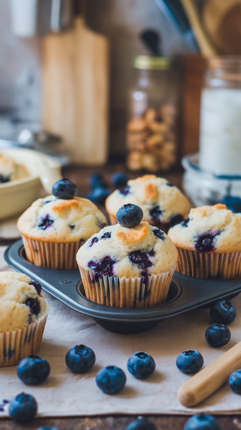 Freshly baked blueberry muffins in a muffin tin with blueberries scattered around.