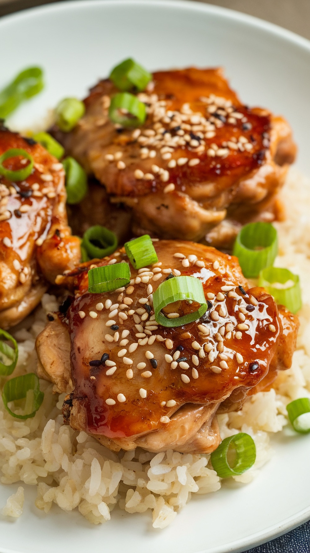 Honey Garlic Chicken Thighs served over rice with green onions and sesame seeds.