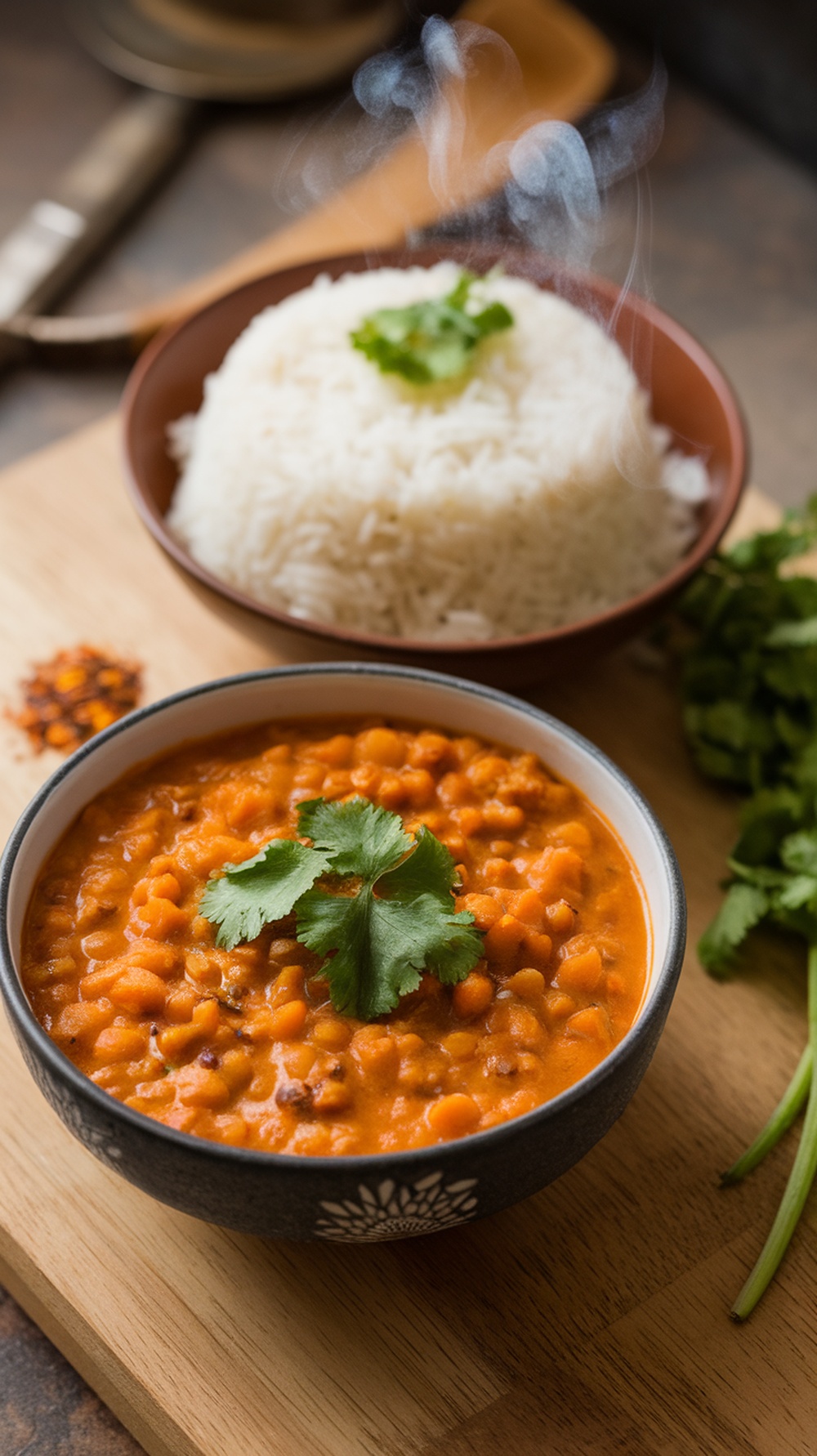 A bowl of lentil and sweet potato curry served with rice, garnished with cilantro.