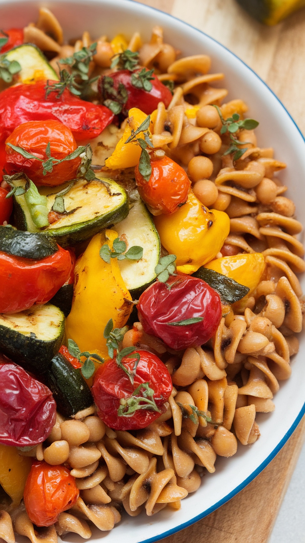 A bowl of lentil pasta with roasted vegetables, showcasing colorful bell peppers, zucchini, and cherry tomatoes.
