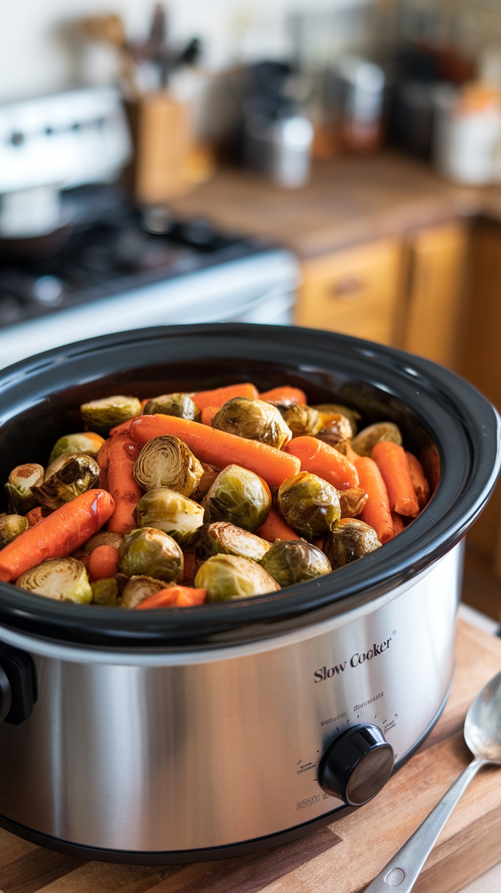 A slow cooker filled with maple glazed Brussels sprouts and carrots.