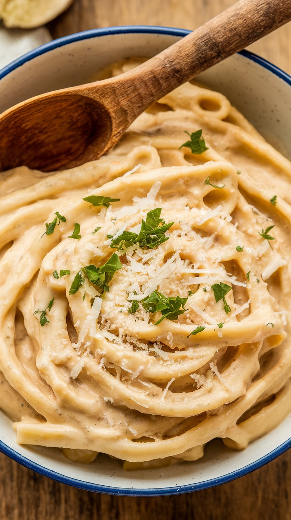 Creamy garlic parmesan pasta in a bowl with a wooden spoon