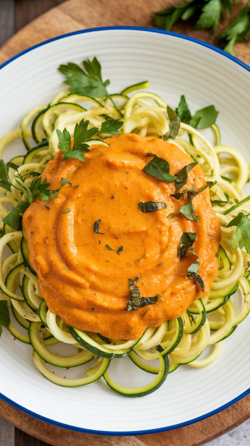 A plate of spiralized zucchini noodles topped with creamy pumpkin garlic sauce and garnished with parsley.