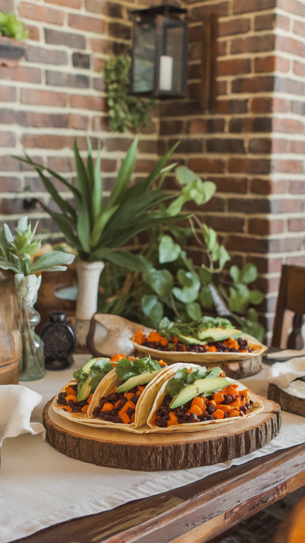 Delicious spicy black bean and sweet potato tacos on a wooden platter