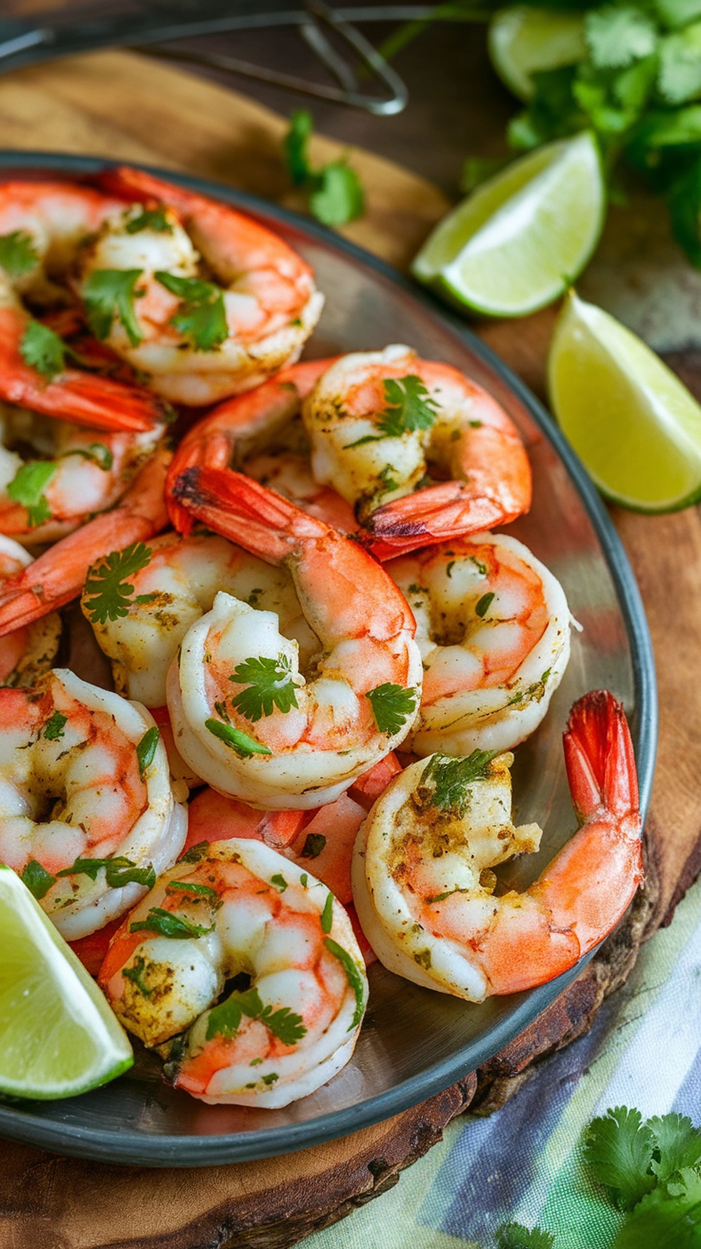 Plate of cilantro lime grilled shrimp garnished with lime wedges and cilantro