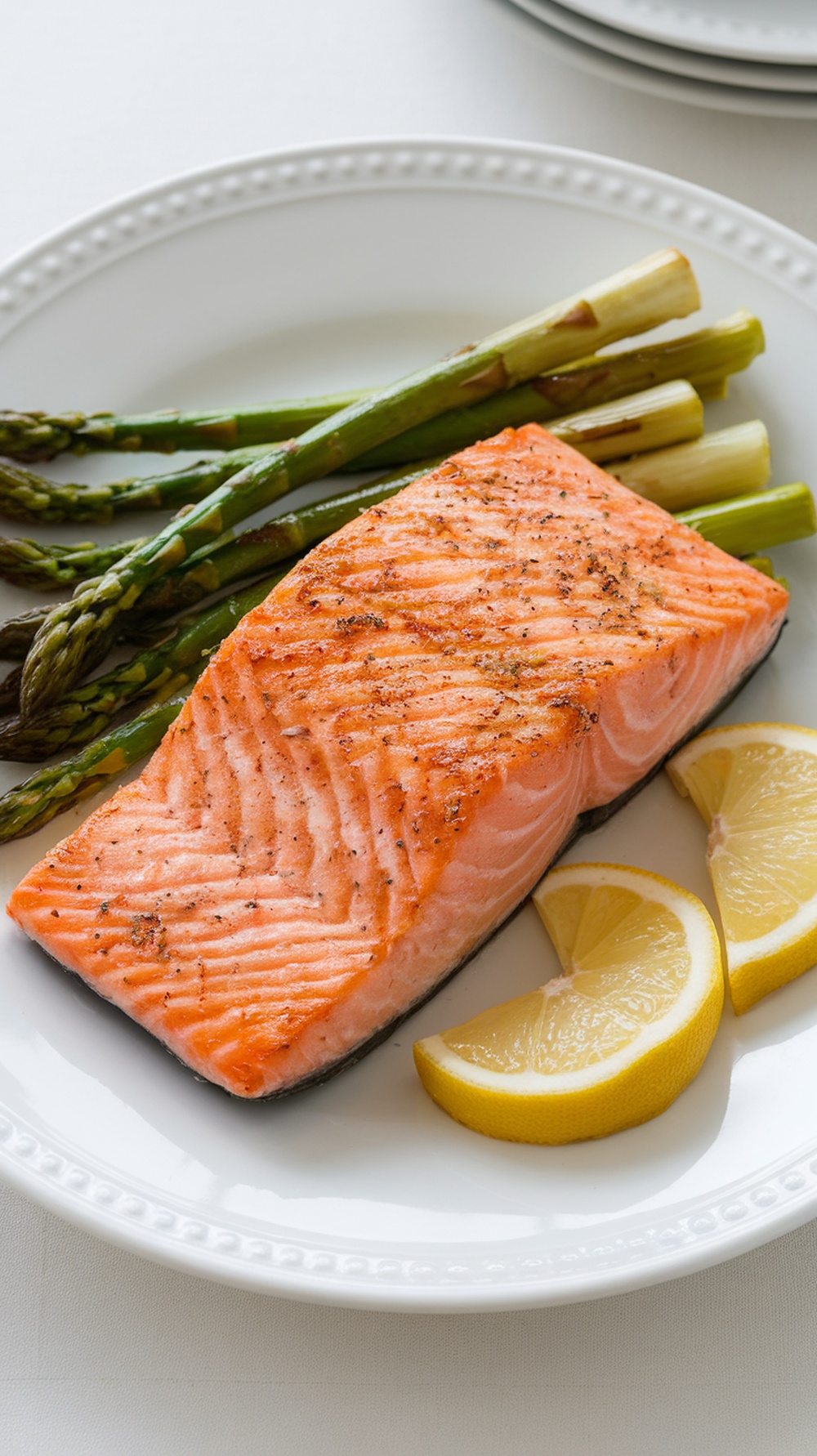 A plate of salmon fillet with asparagus and lemon slices