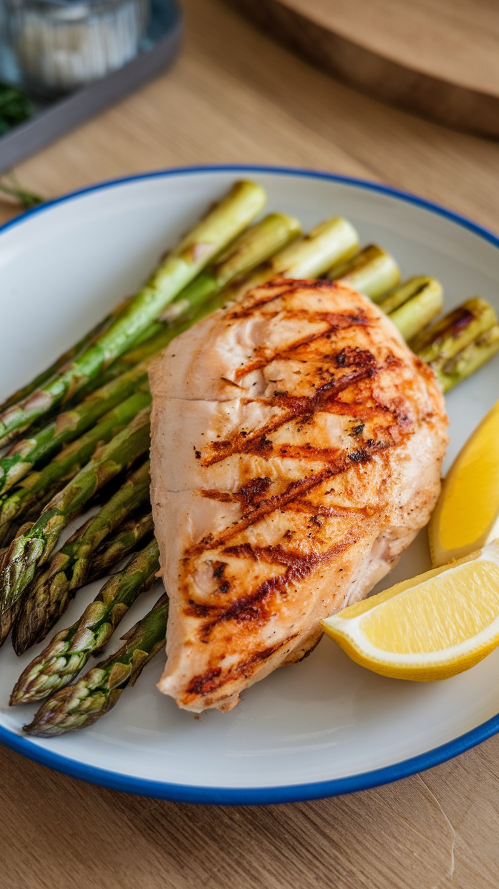 A plate of grilled chicken breast served with asparagus and lemon wedges.