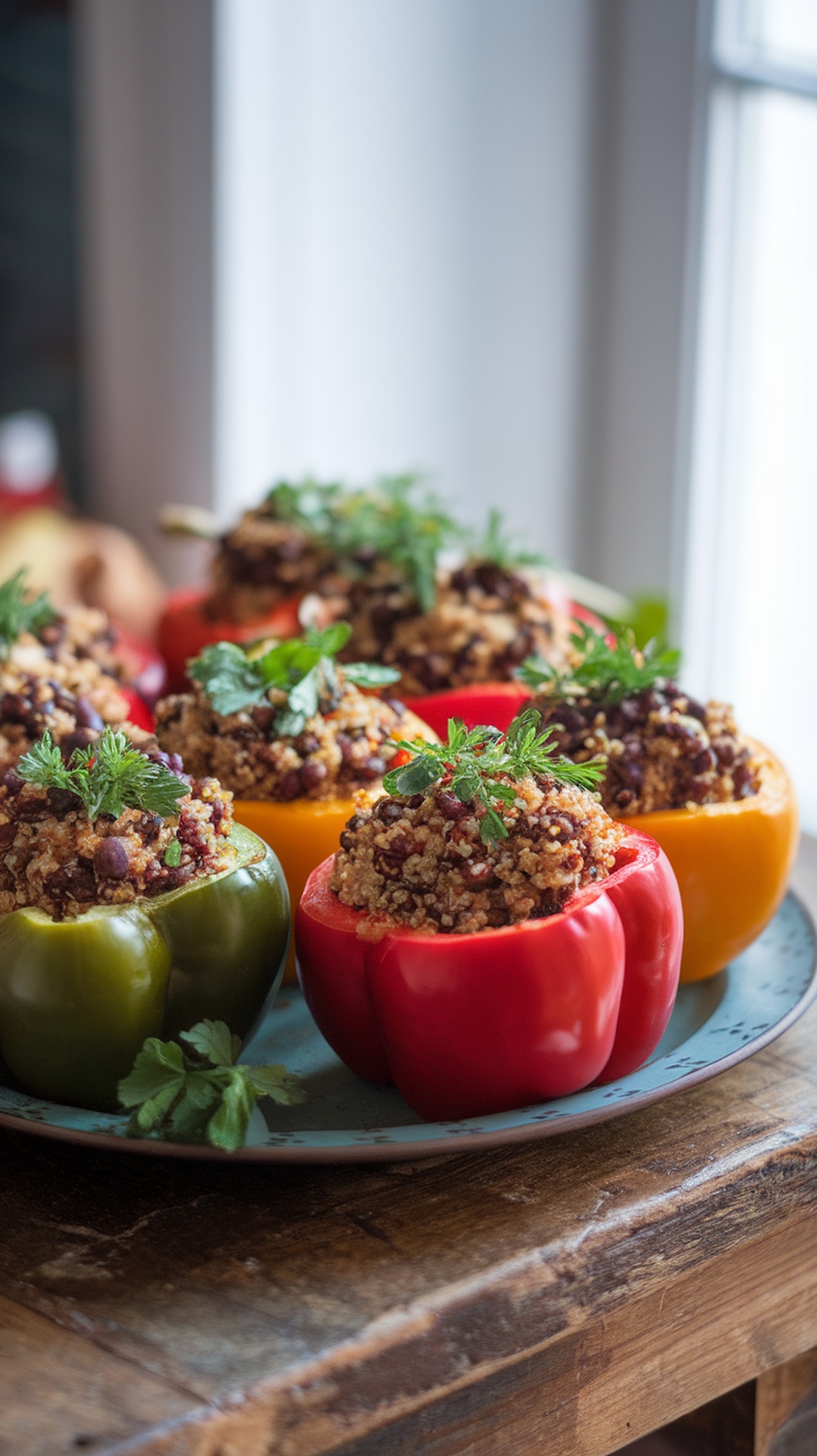 Colorful stuffed bell peppers filled with quinoa and black beans, garnished with fresh herbs.
