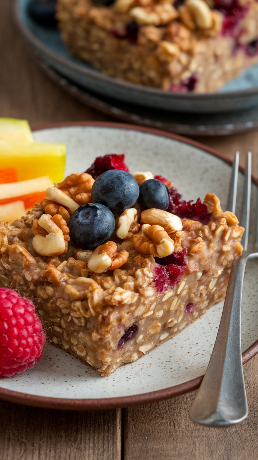 A slice of baked oatmeal topped with nuts and berries, served with fresh fruit on the side.