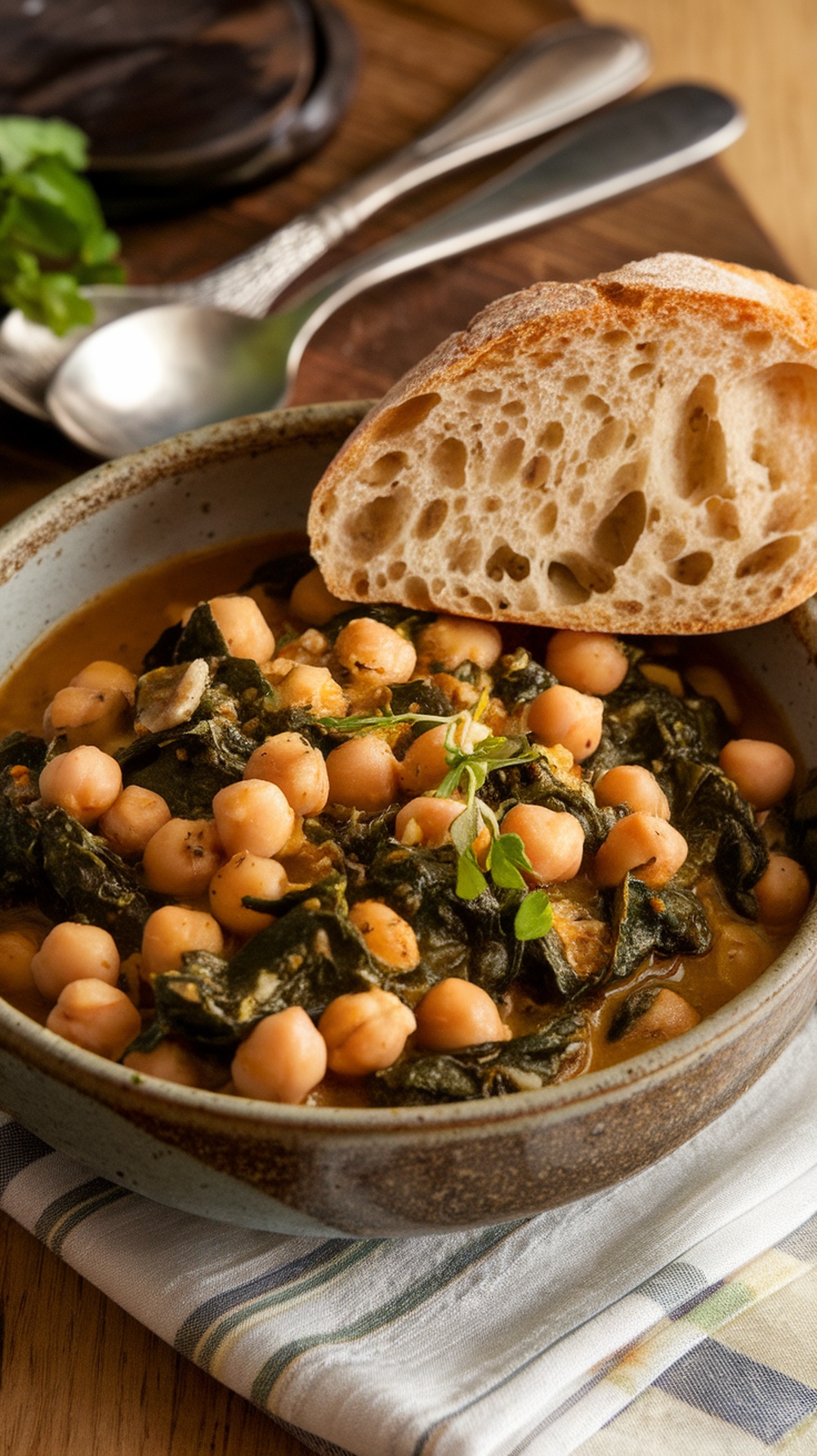 A bowl of chickpea and spinach stew with a slice of bread on the side.