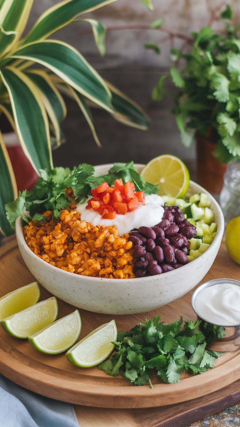 A colorful Spicy Cauliflower Rice Burrito Bowl with black beans, diced tomatoes, cucumber, and yogurt, garnished with cilantro and lime.