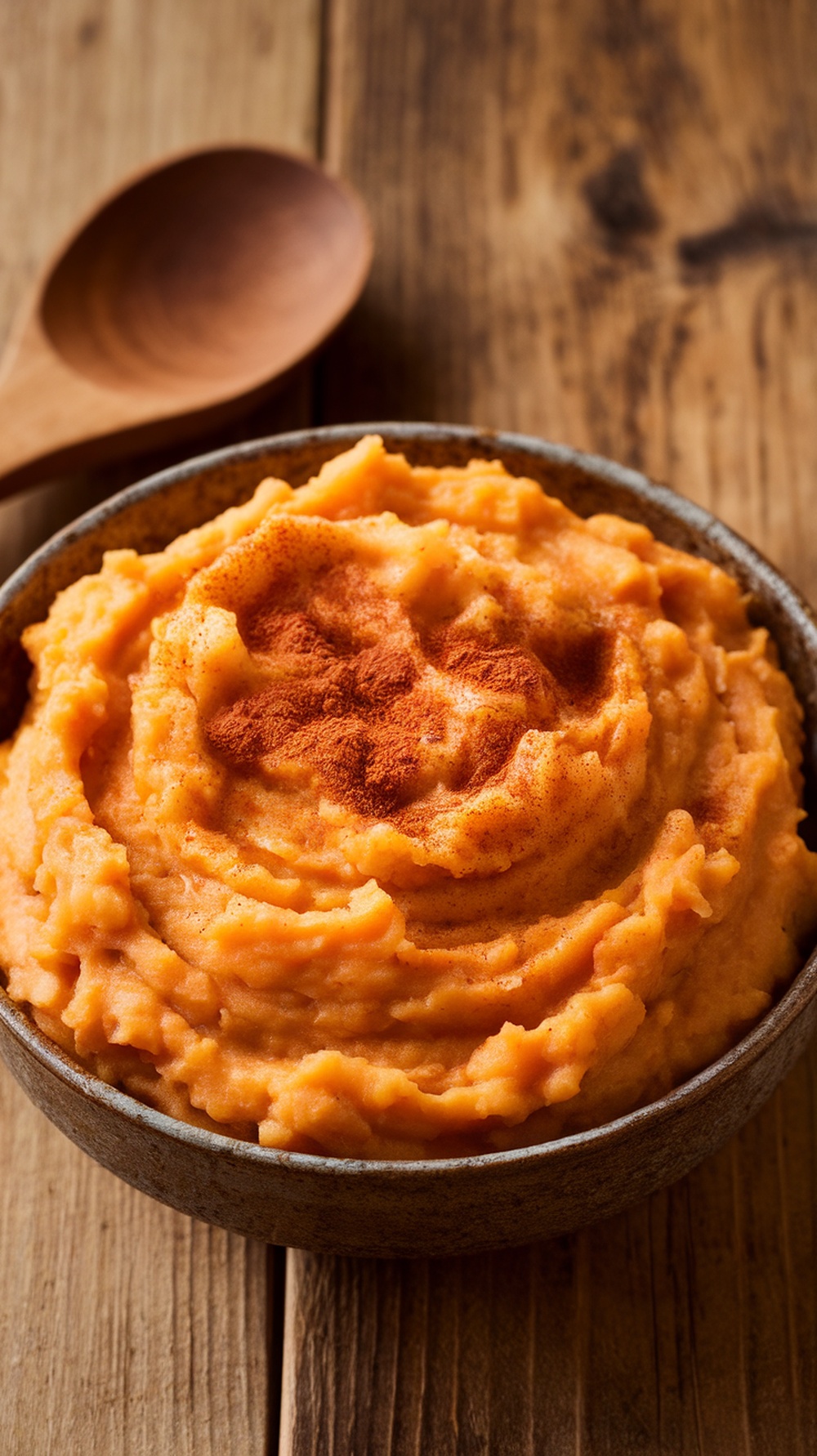 A bowl of creamy apple and sweet potato mash topped with a sprinkle of cinnamon.
