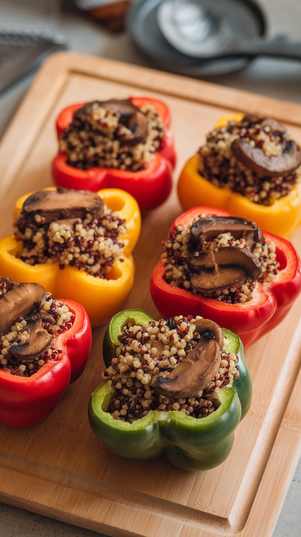 Colorful stuffed peppers filled with quinoa and mushrooms on a wooden cutting board.