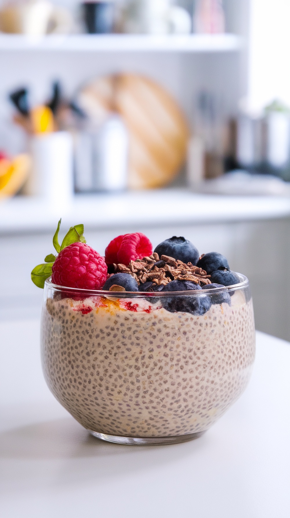 A bowl of chocolate chia seed protein oats topped with fresh raspberries, blueberries, and chocolate shavings.