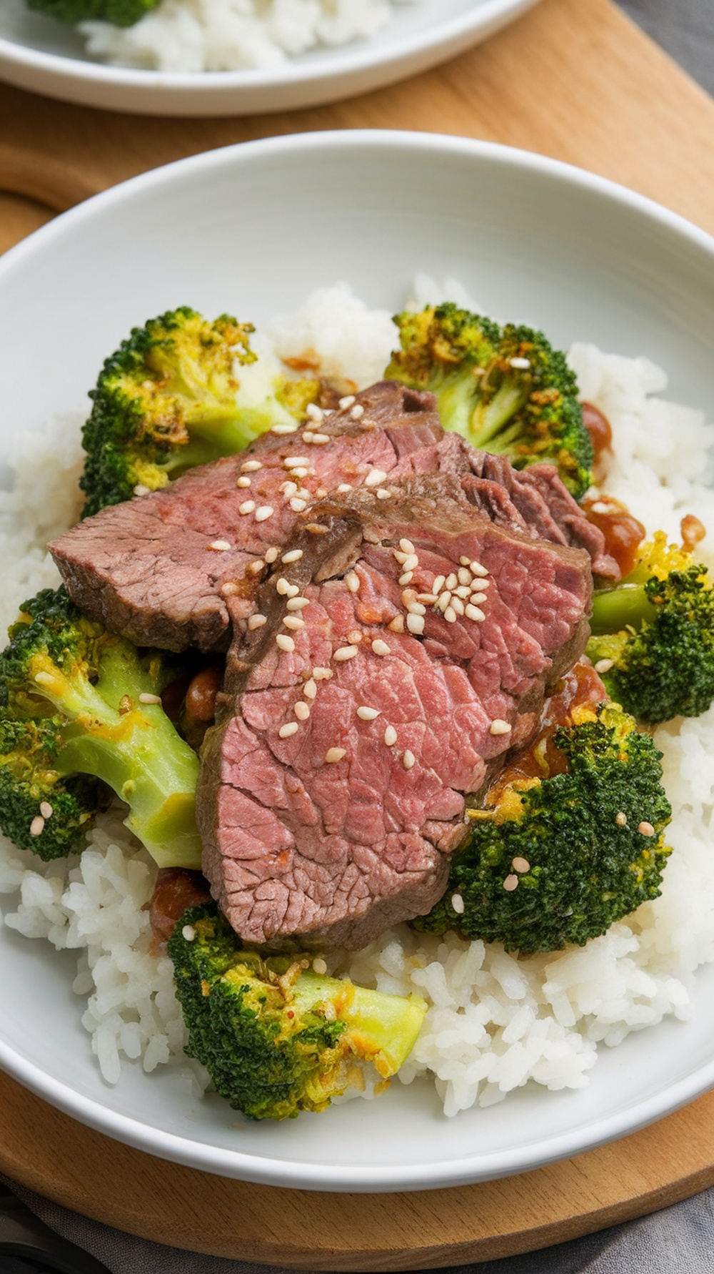A delicious plate of beef and broccoli stir-fry served over rice, garnished with sesame seeds.